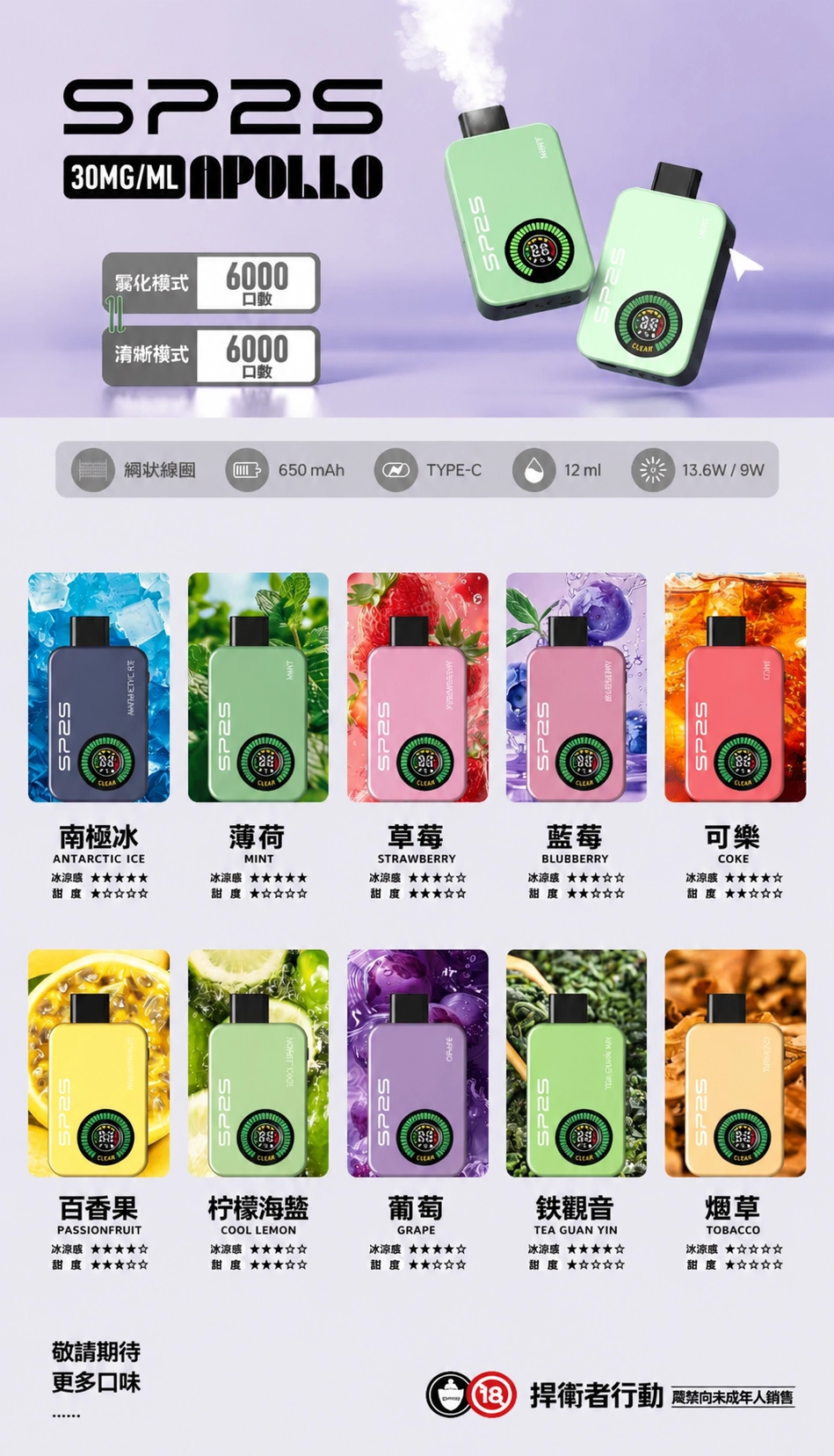 SP2S Apollo 一次性電子煙 12000口 12ML 650mAh Type-C 雙模式